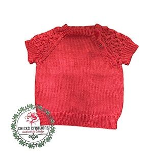 Hand Knit Toddlers Pullover w/Lace Pattern Sleeves, Hot Coral Pink, NEW Size 2-3